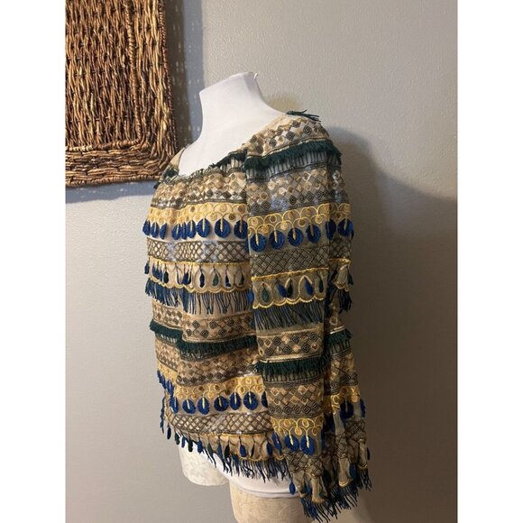 Alice + Olivia Top M Medium Off Shoulder Blue Gold Fringe Sequins - Picture 10 of 11